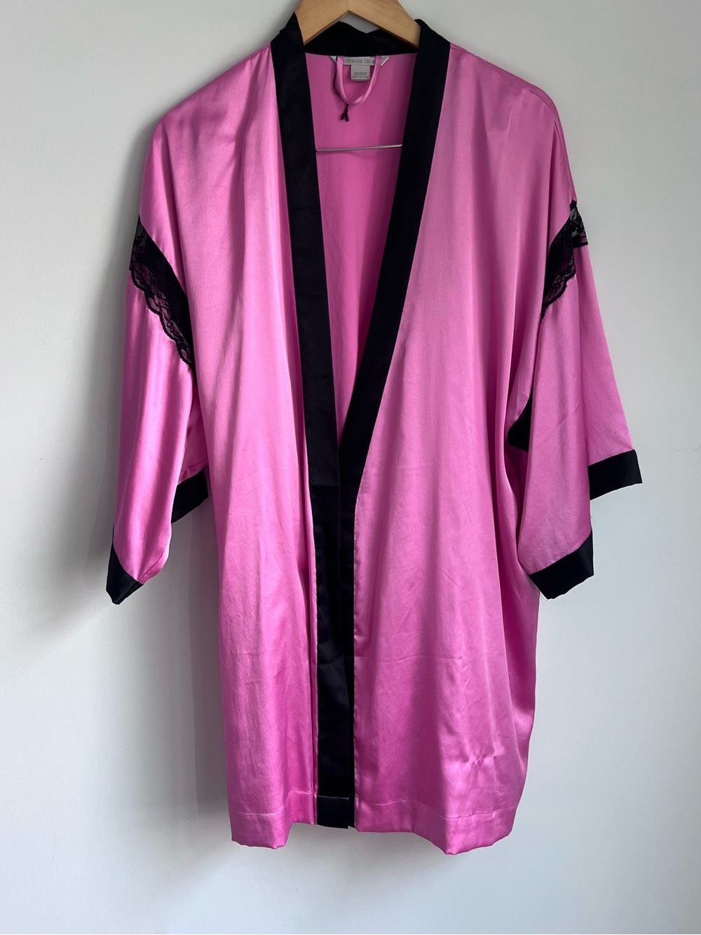 Victoria's Secret Pink Satin Kimono Robe with Black Trim